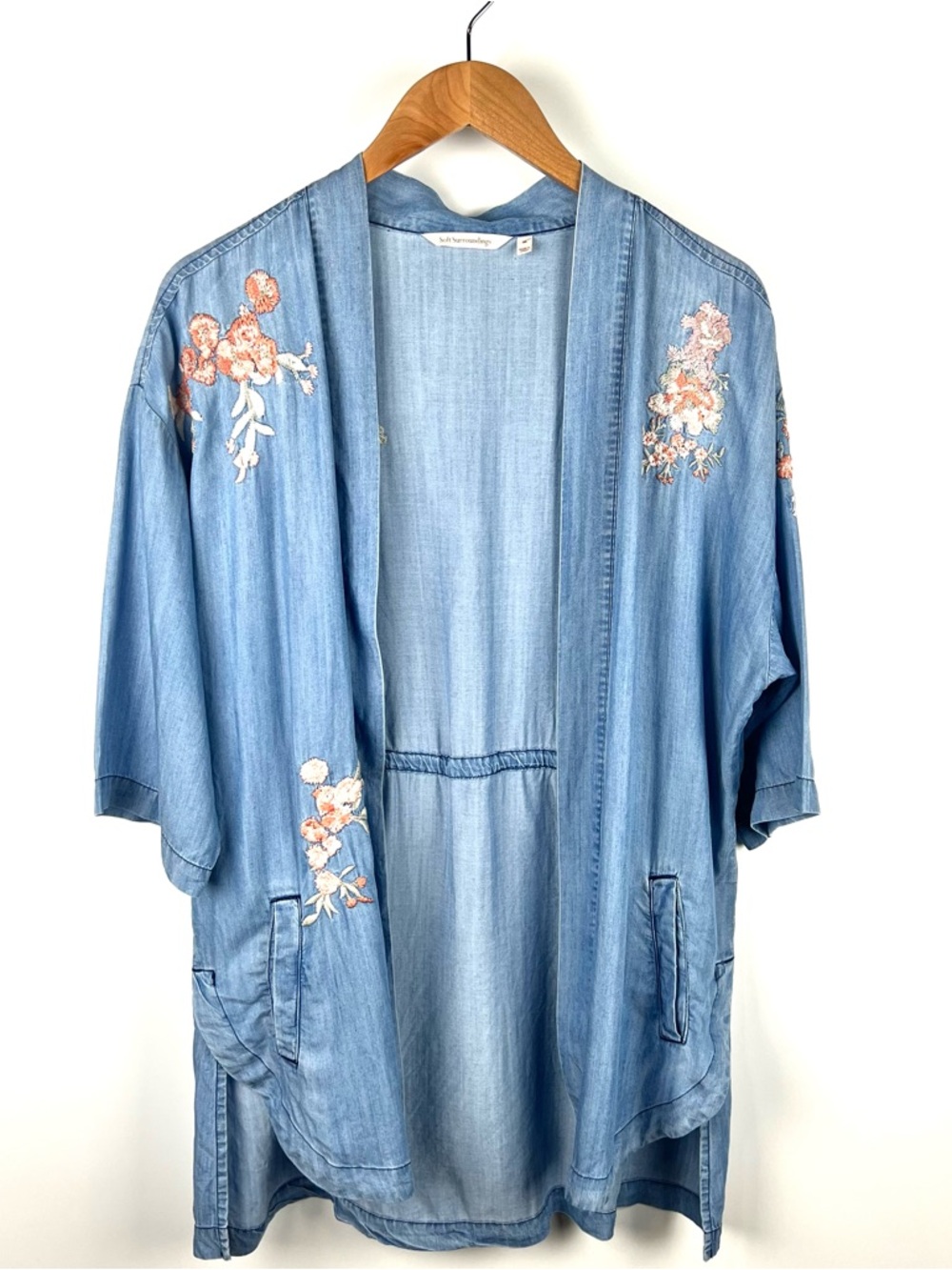Soft Surroundings Chambray Embroidered 100% Tencel Floral Open Front Cardigan M